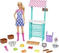 Barbie Spaß Auf Dem Bauernhof Bauernmarkt Spielset, Barbie-Puppe (blond), Marktstand, Kasse, Gemüse, Brot, Käse Und Blumen, Für Kinder Ab 3 Jahren
